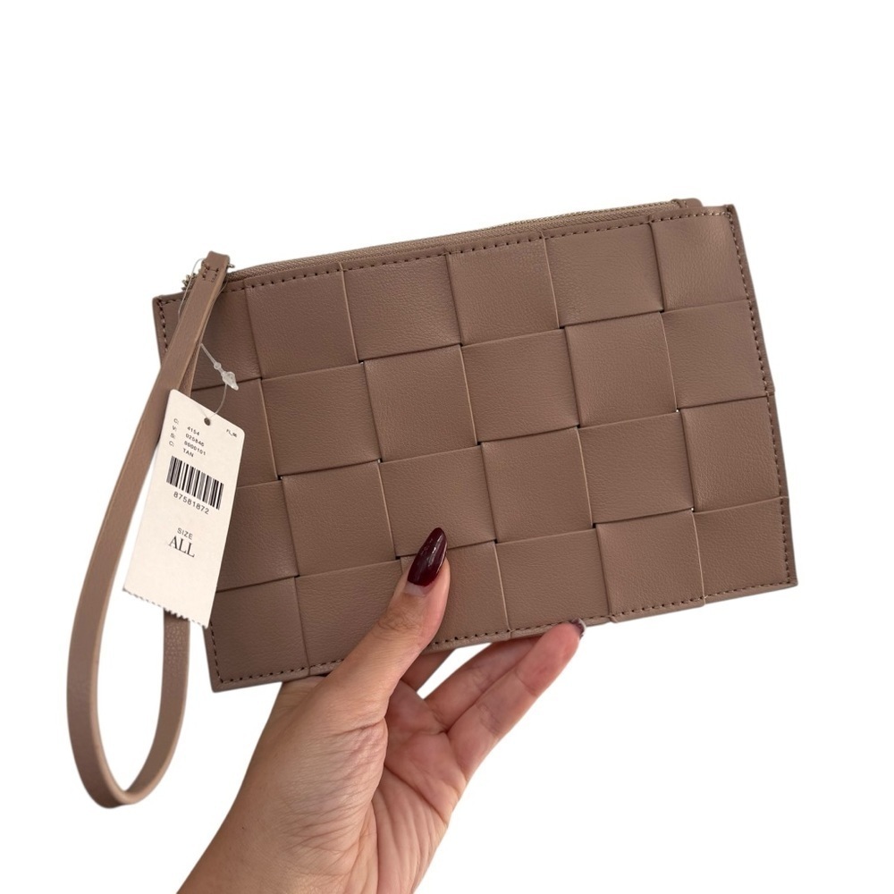 Anthropologie Woven Crosshatch Faux Leather Clutch – Taupe – NWT